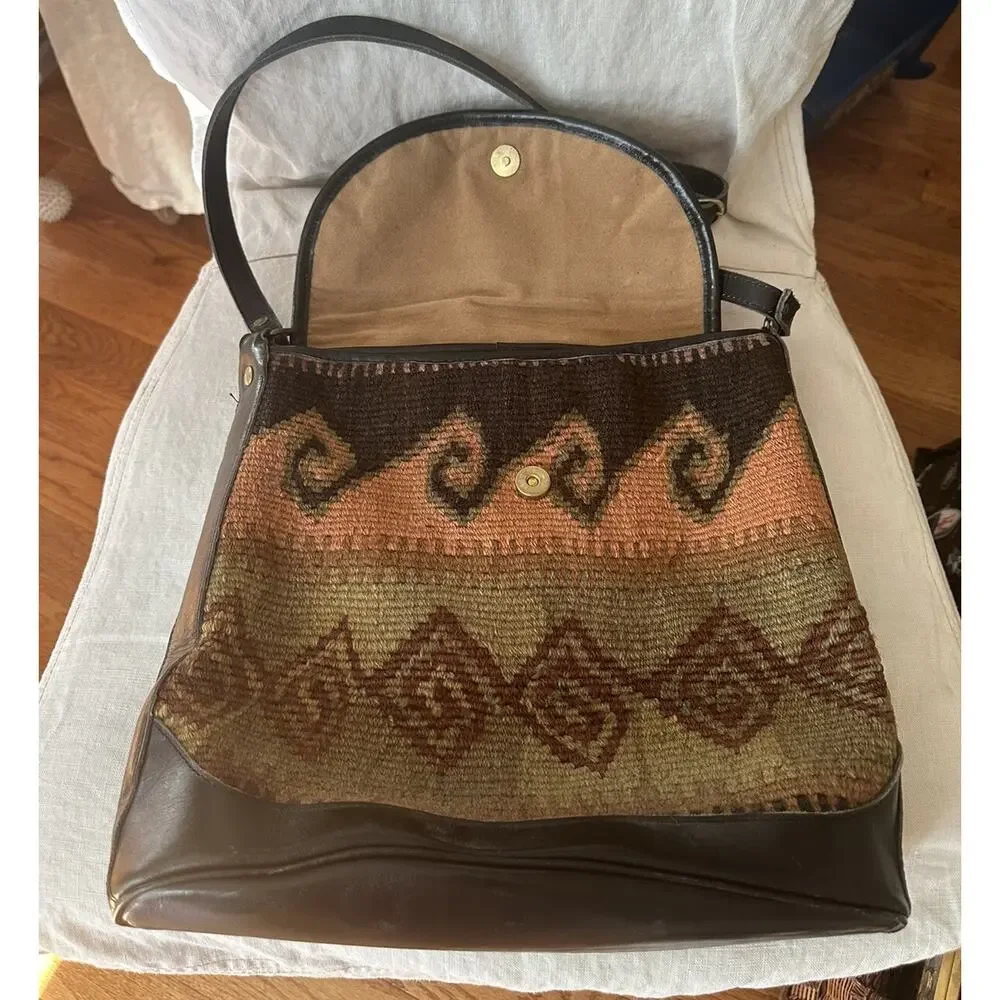 Vintage Purse Woven Jute Leather Crossbody Black Brown Rug Kilim Messenger Bag - Picture 4 of 16